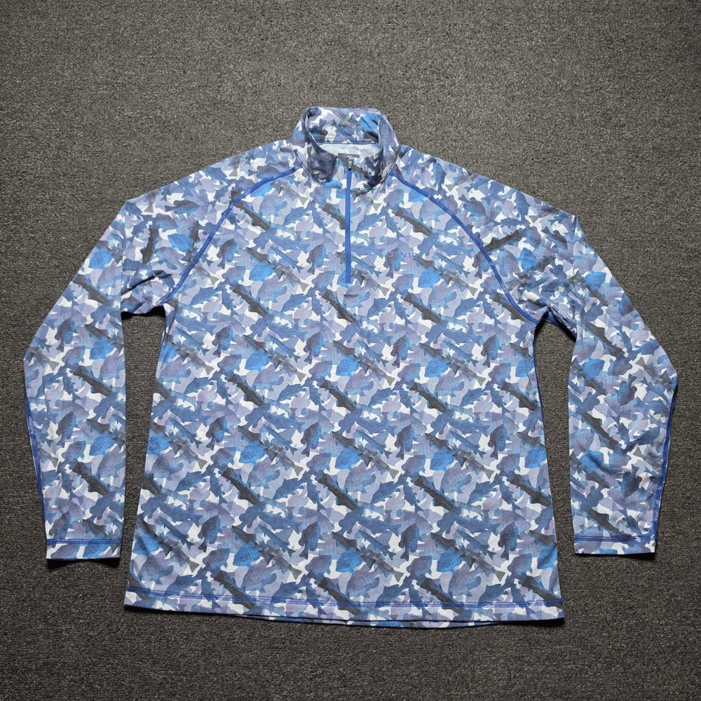 Orvis Drirelease 1/4 Zip Pullover Blue Fish Camo Mens Large Long Sleeve Outdoors